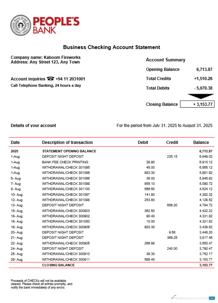 Sri Lanka People’s Bank company checking account statement Word and PDF template